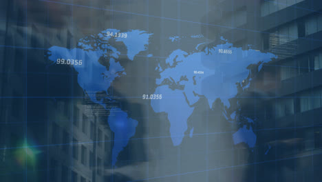 animation of financial data processing over cityscape