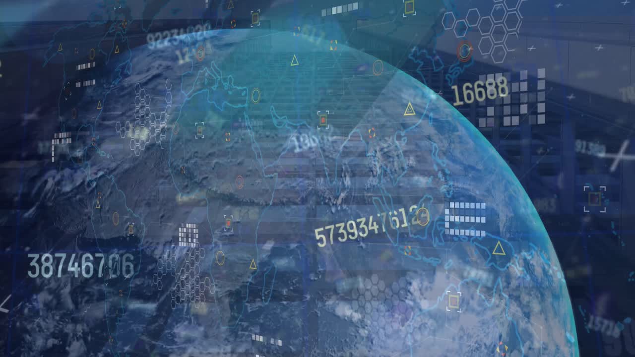 도시 풍경 위의 지구와 세계 지도를 사용하여 금융 데이터 처리의 애니메이션