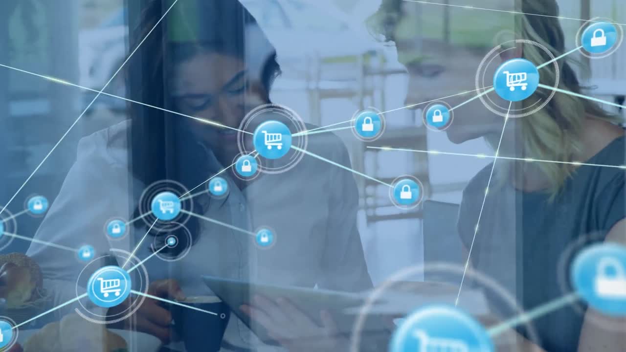 animación de la red de conexiones con iconos sobre diversas personas de negocios que usan tablets