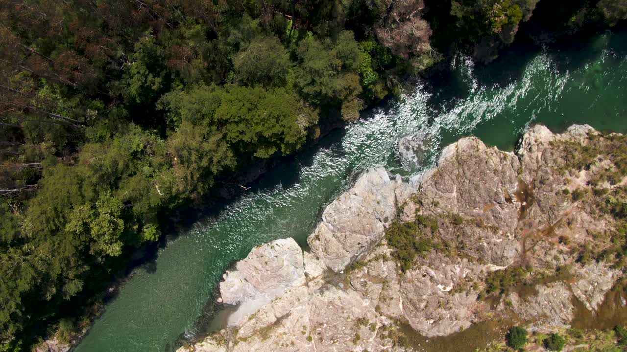 aerial 360 sobre un desfiladero del río azul que fluye entre las exuberantes copas verdes de la jungla y los acantilados blancos de nueva zelanda