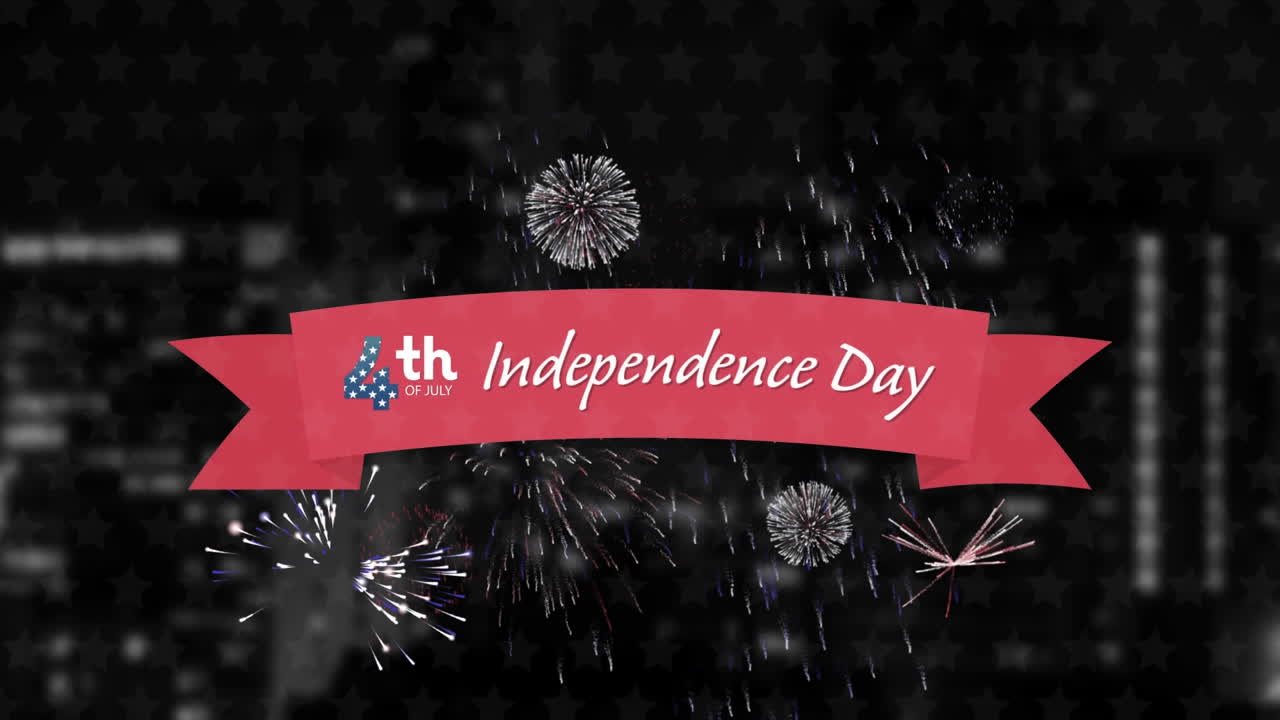 Independence Day text with fireworks with cityscape in background