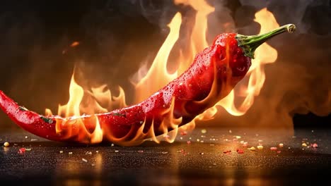 fiery red chili pepper on fire