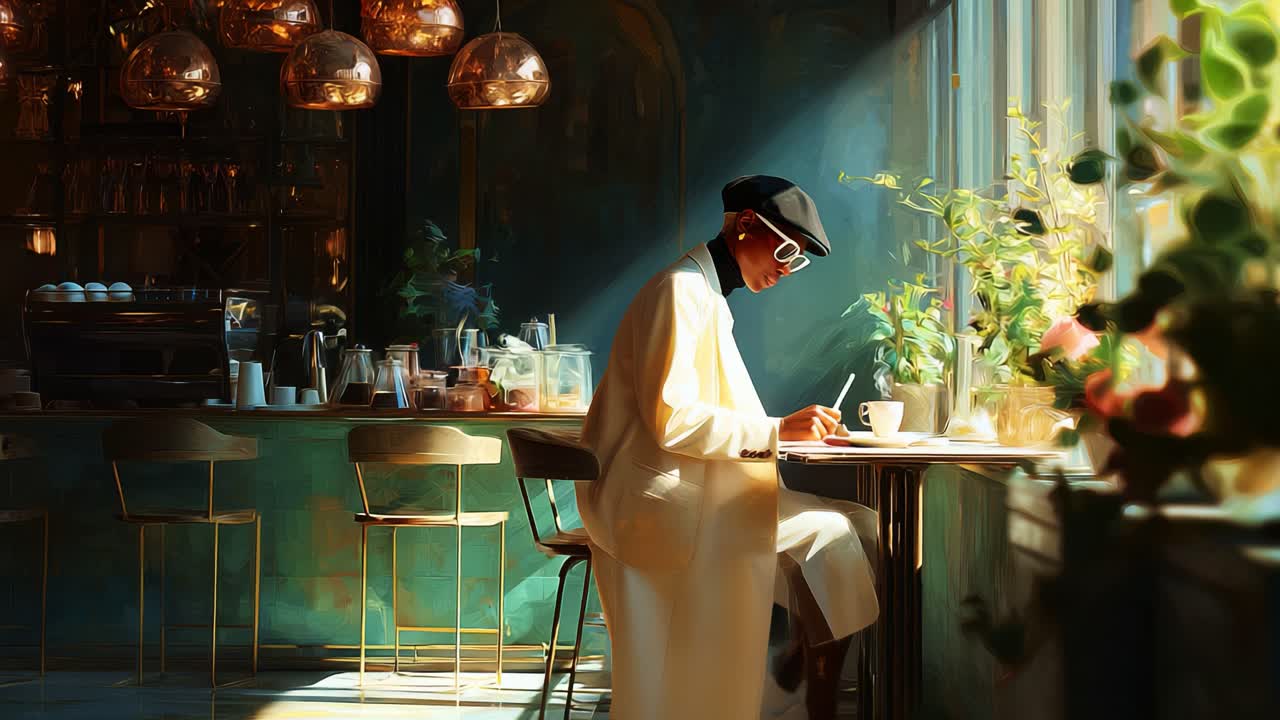 A Stylish Individual Enjoys a Serene Moment in a Chic Café, Bathed in Sunlight While Engaging in Reflection and Creativity Through Writing and Digital Communication