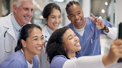 happy, friends or doctors take a selfie for social