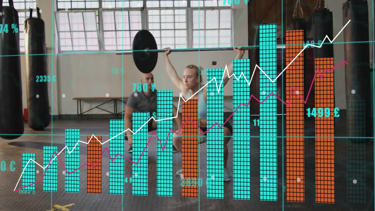 Female athlete starting overhead squat bracing barbell, coach spotting, training metrics growing