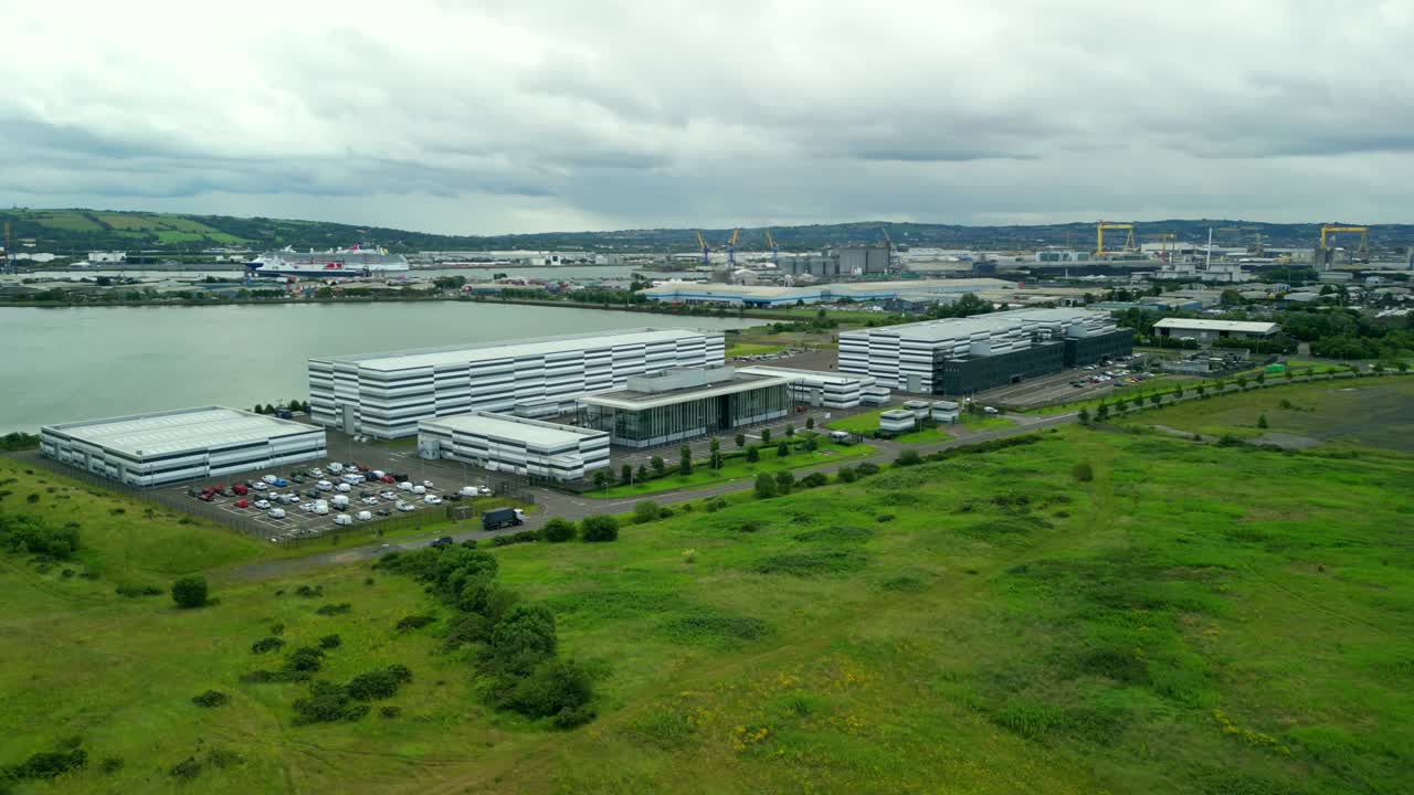 4K clockwise aerial of Studio Ulster, a virtual production studio in Belfast, Northern Ireland. Filmed at 30FPS and with Rec709 color