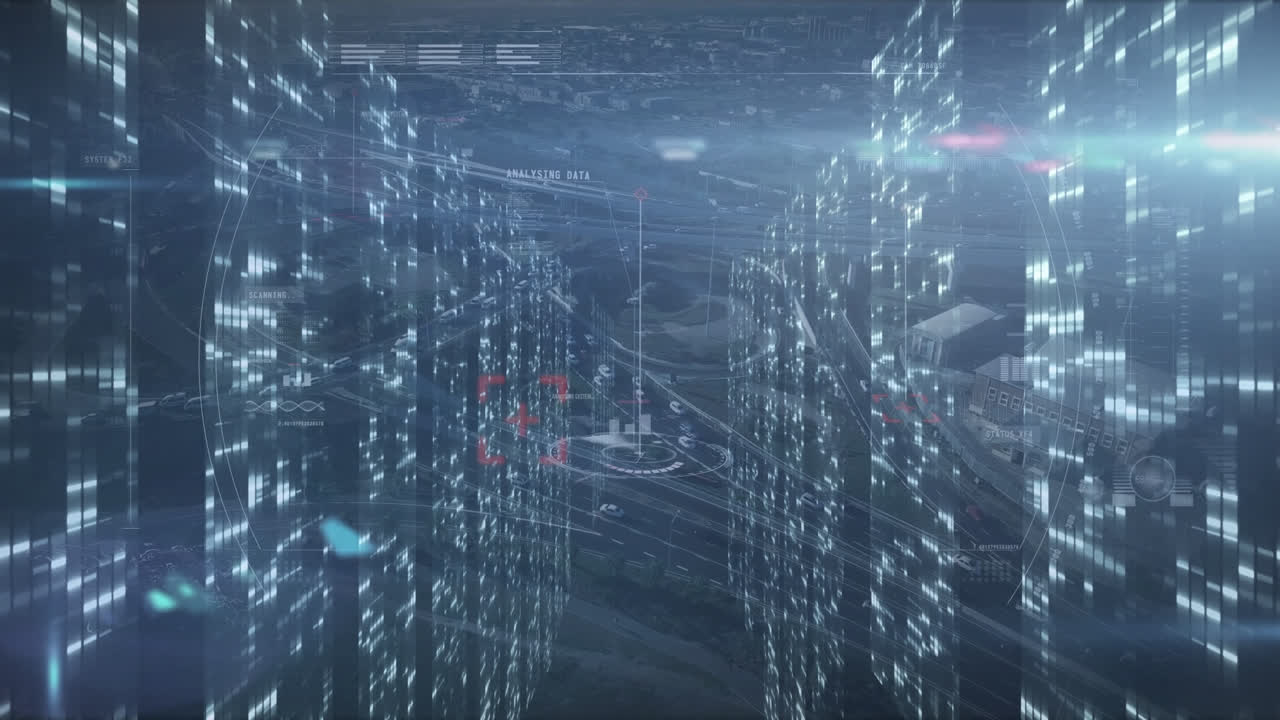 Animation of cityscape with light trails flashing on surface. 