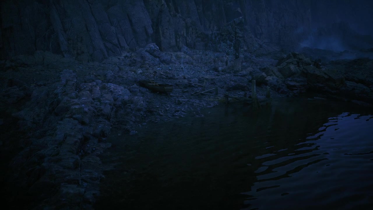 Foggy intertidal zones reflecting rocky formations and subdued blue colors