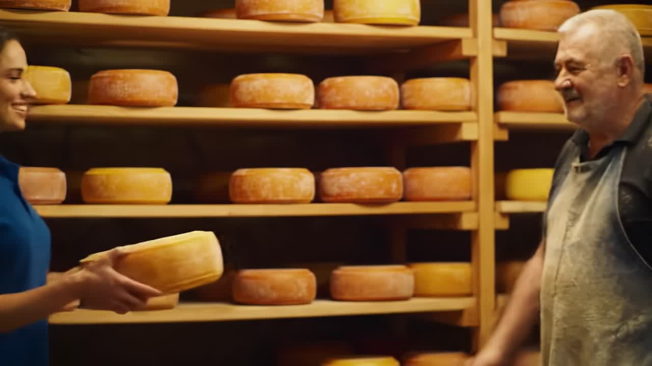 A young woman and an experienced cheese maker engage warmly inside a dairy farm. They share techniques on crafting cheese while surrounded by shelves of aging wheels.