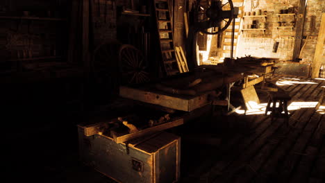 old workshop filled with tools and wooden furniture in dim lighting