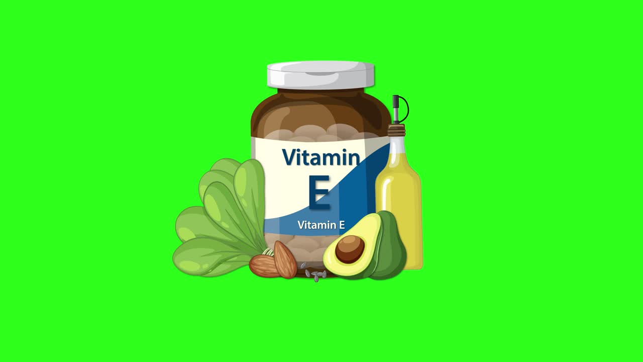 Vitamin E bottle with spinach, avocado, nuts, oil appears on green background, smooth animated transition