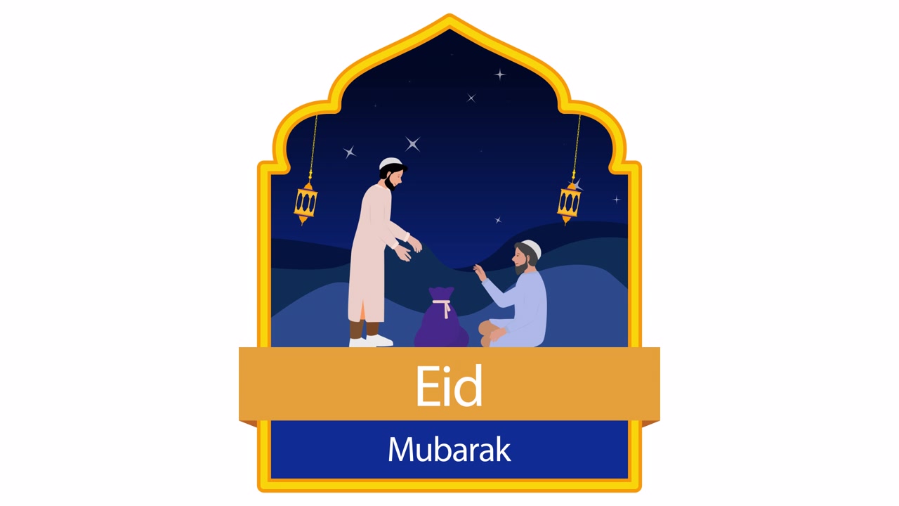Illustrazione animata di due uomini che celebrano Eid Mubarak.
