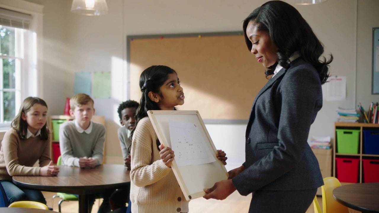Presenting student lifting whiteboard to teacher in blazer in classroom, seeking feedback