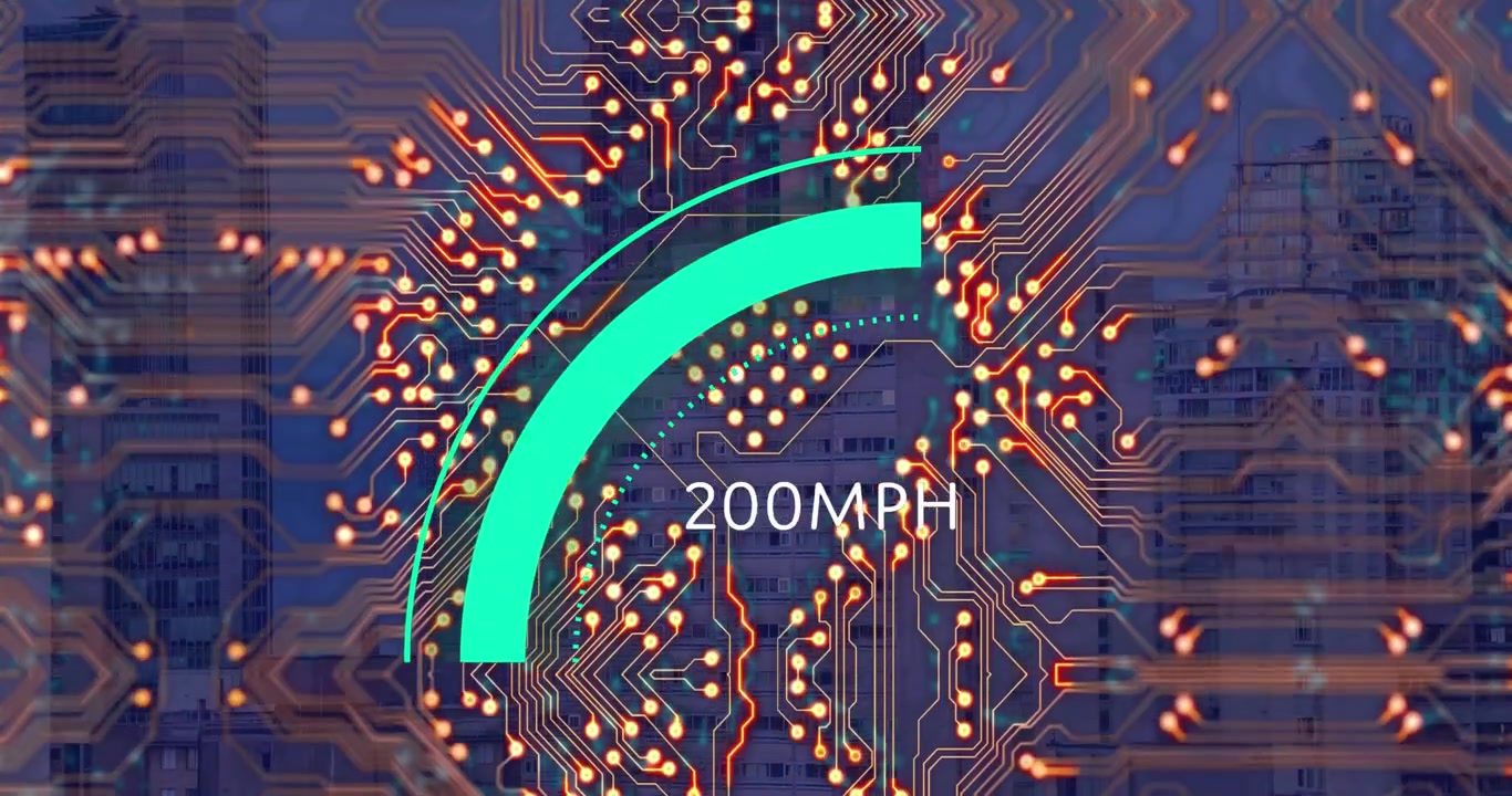 Animation of car panel and computer circuit board over cityscape