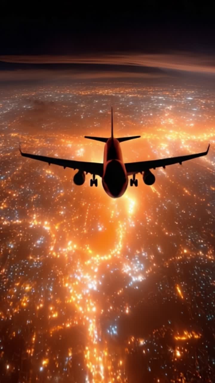 Una Vista Maestosa dall'Alto: Volo Notturno su una Città Illuminata da Luci Vivaci Catturato con Dettagli Mozzafiato con la Silhouette di un Aereo Contro un Cielo Scuro