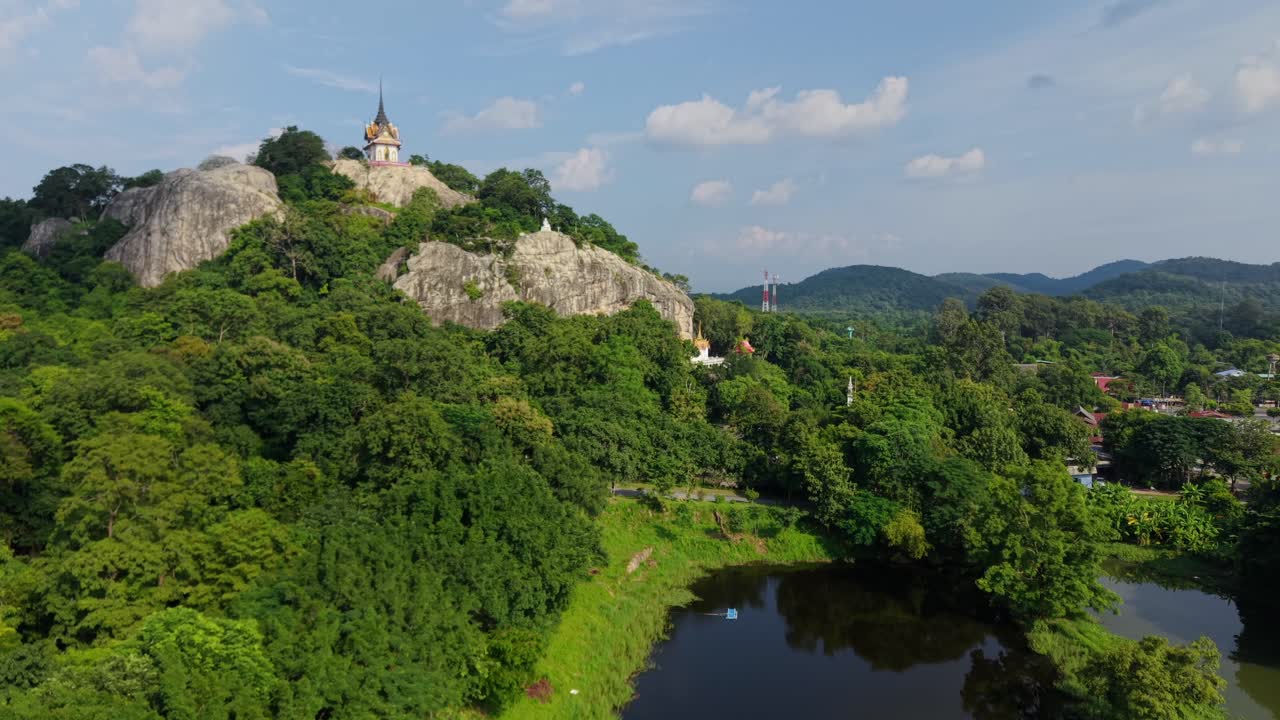 Aerial View of a Mountainous Park with Temple in Thailand