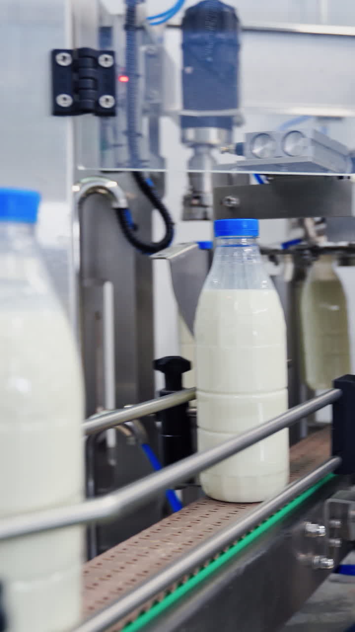 Bottles for milk on automatic production line. Dairy production in robotic factory. Empty bottles are filling with milk on manufacturing line. Vertical video