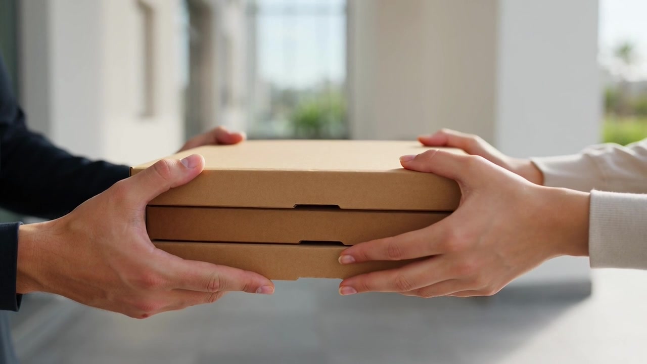 Fattorino che consegna scatole di pizza al cliente