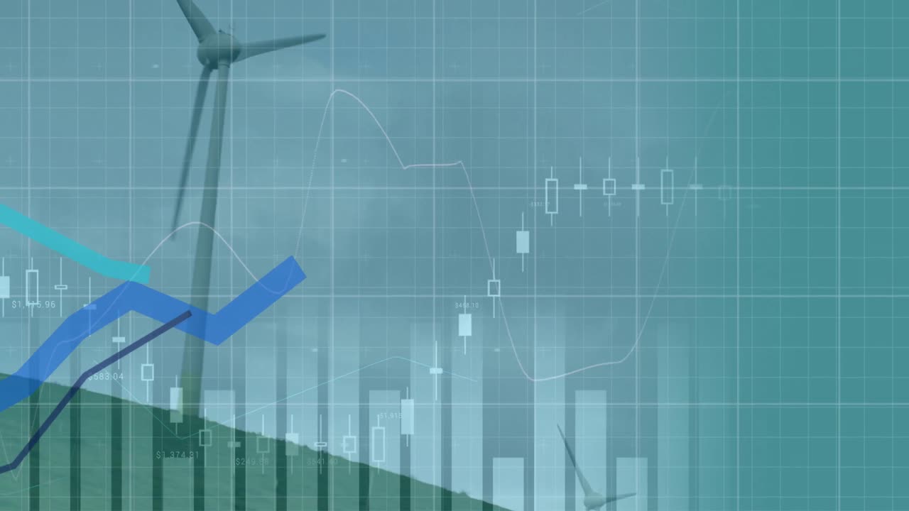 금융 데이터 처리 및 블루 그래프는 여러 풍차 스핀링을 이동