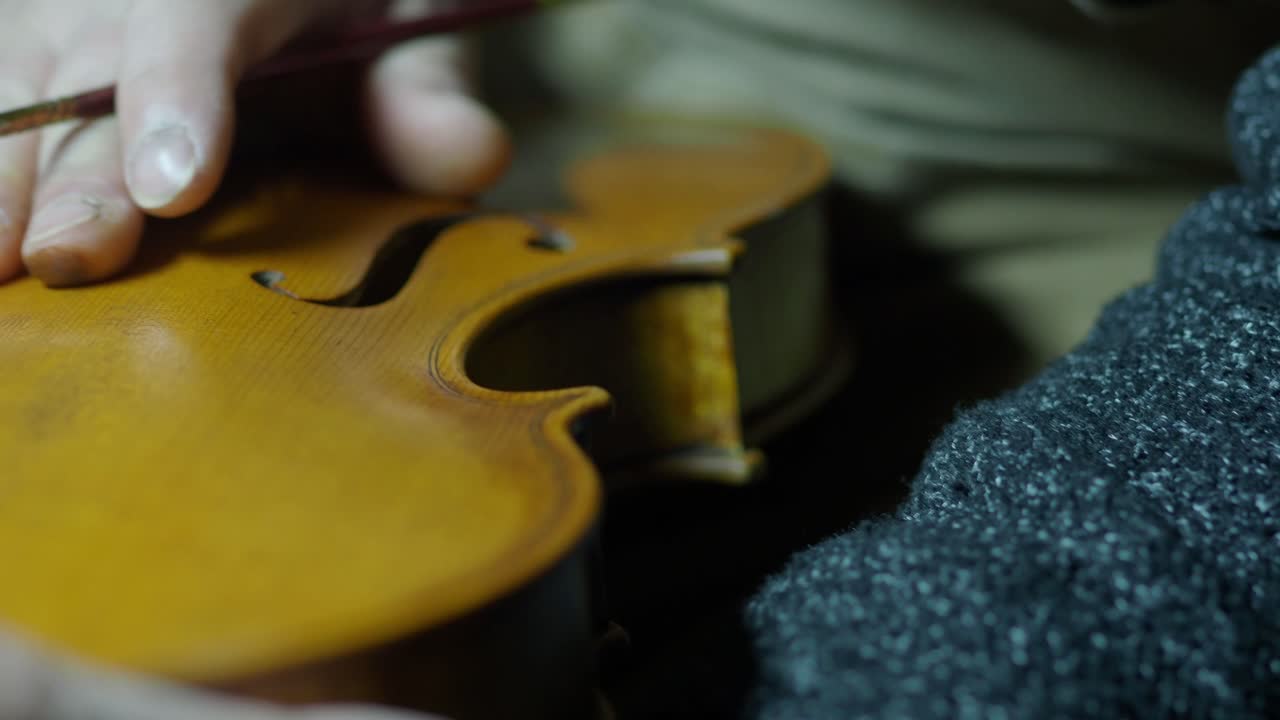 master violinmaker checking top plate smoothing before varinishing process with paintbrush and self produced alcohol lac