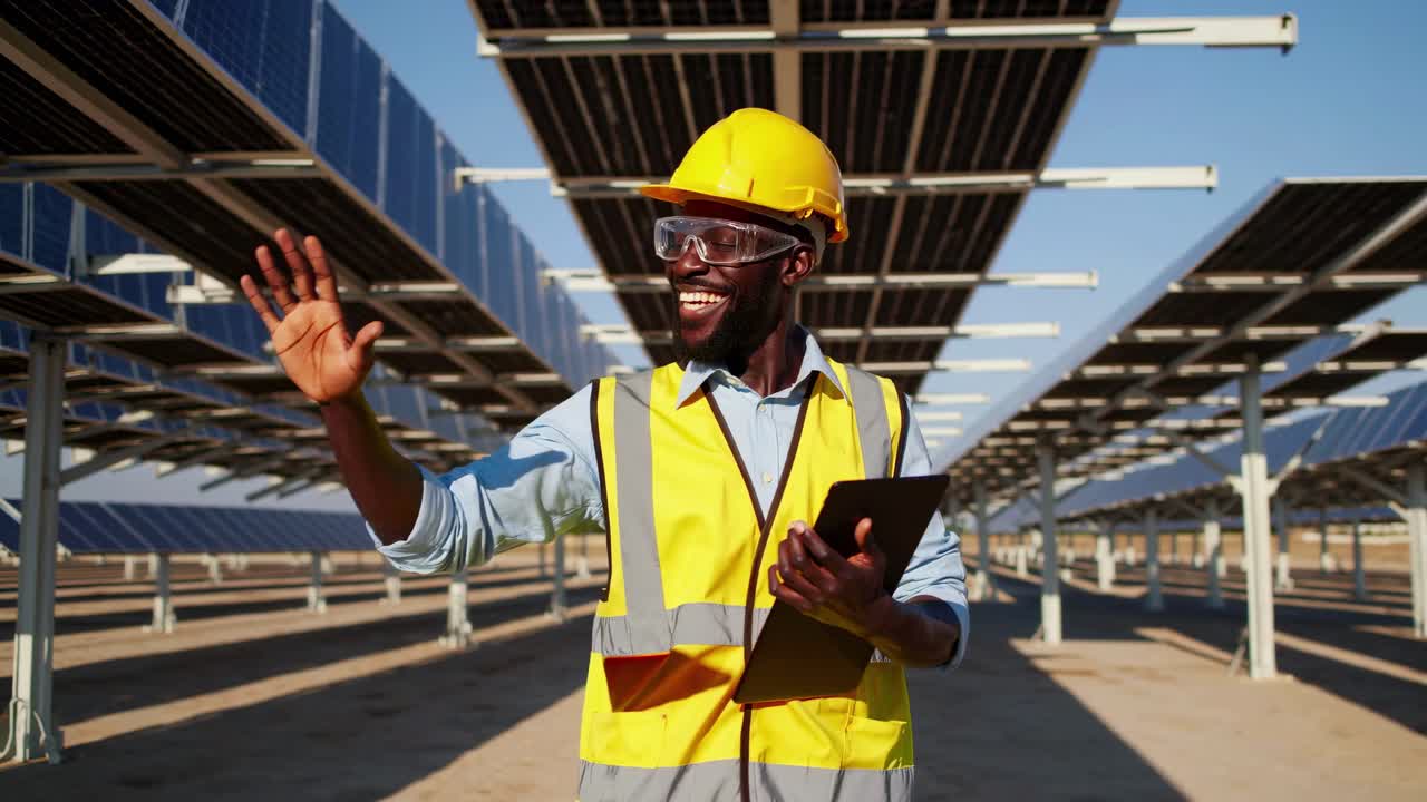 A cheerful engineer in a yellow vest and hard hat inspects solar panels
