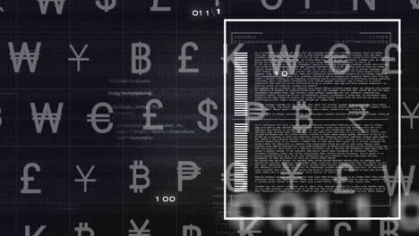 animation of currency symbols and data processing on black background