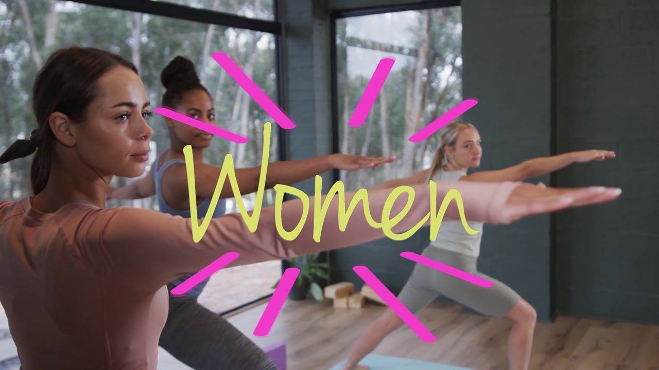 Vertical video: Shifting cam left 3 women holding pose in studio for balance pink-top Women overlay