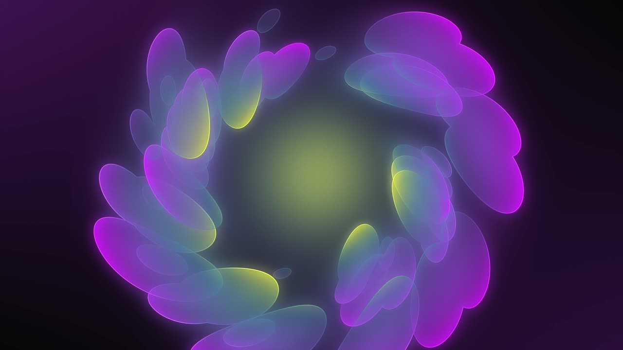 An animation of a curved, translucent oval shape group, scattered randomly and rotating clockwise, is slowly orienting itself into a circular formation while continuously spinning