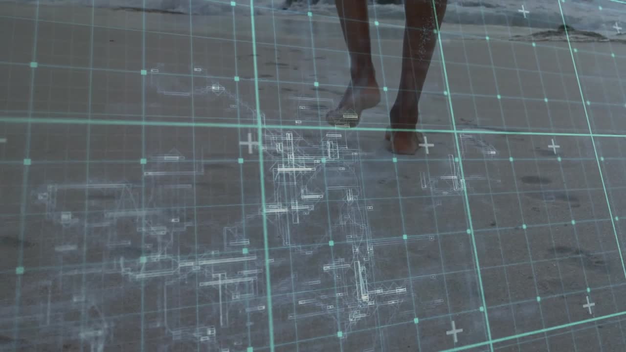 male walking on shoreline, with digital grid overlay and wireframe shapes for technology