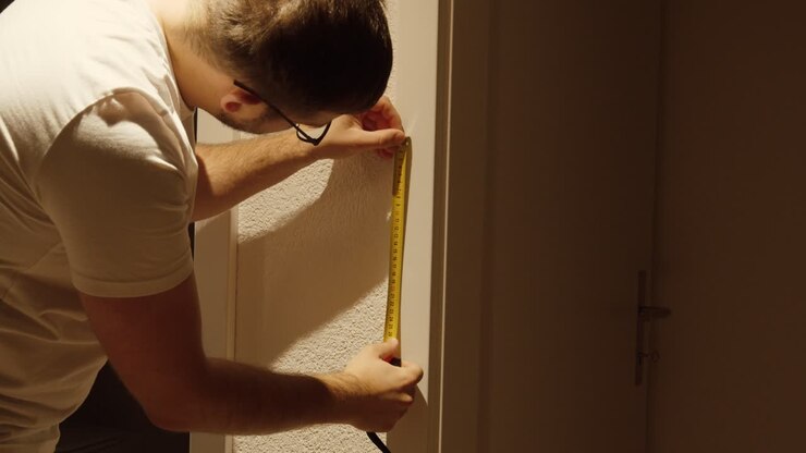 A man in casual clothes uses a measuring tape to measure a door frame, focusing carefully on precision under warm indoor lighting