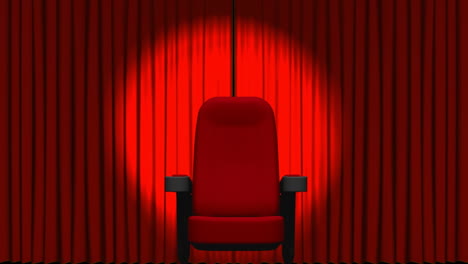 animation of lights and chair over red curtain opening in theater