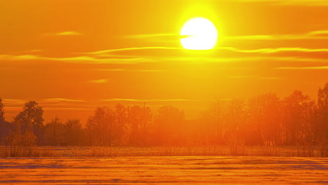 Never-seen-before-cinematic-timelapse-of-sun-setting-through-orange-sky-in-the-frozen-snowy-forest-of-orange-winter-landscape-with-tress-in-the-middle-ground