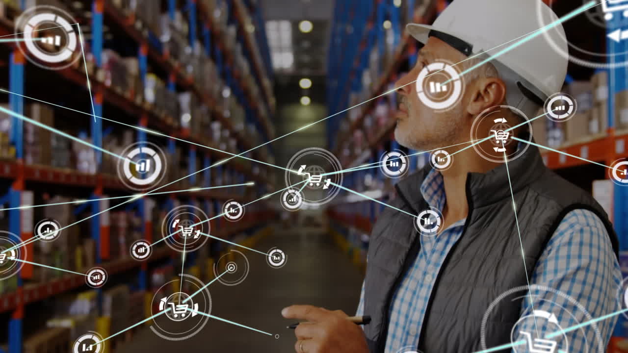 Animazione di una rete di connessioni con icone sovrapposte a diversi lavoratori in magazzino.