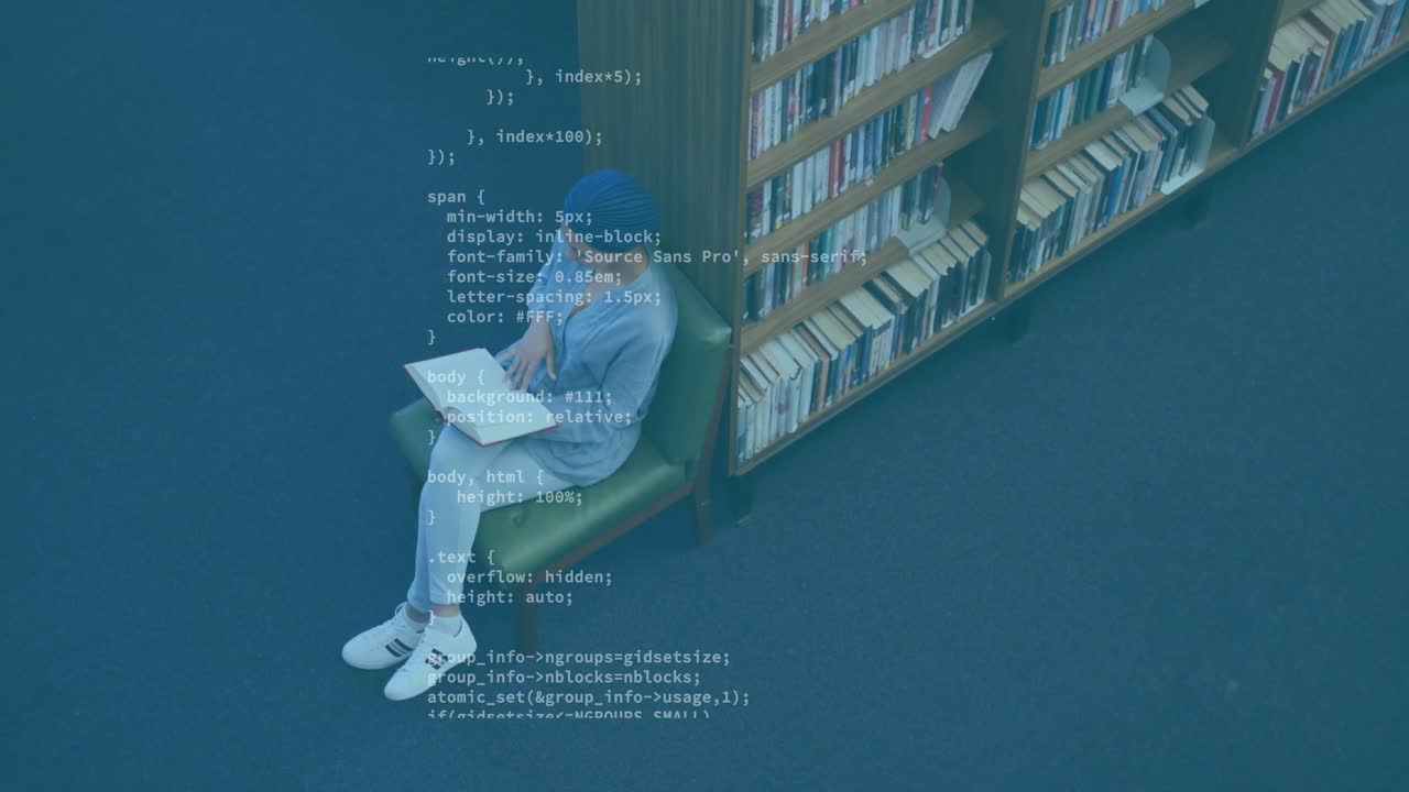 student sitting on chair scanning book, code lines fading and scrolling in library for education