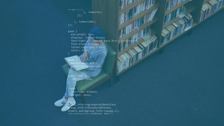 student sitting on chair scanning book, code lines fading and scrolling in library for education
