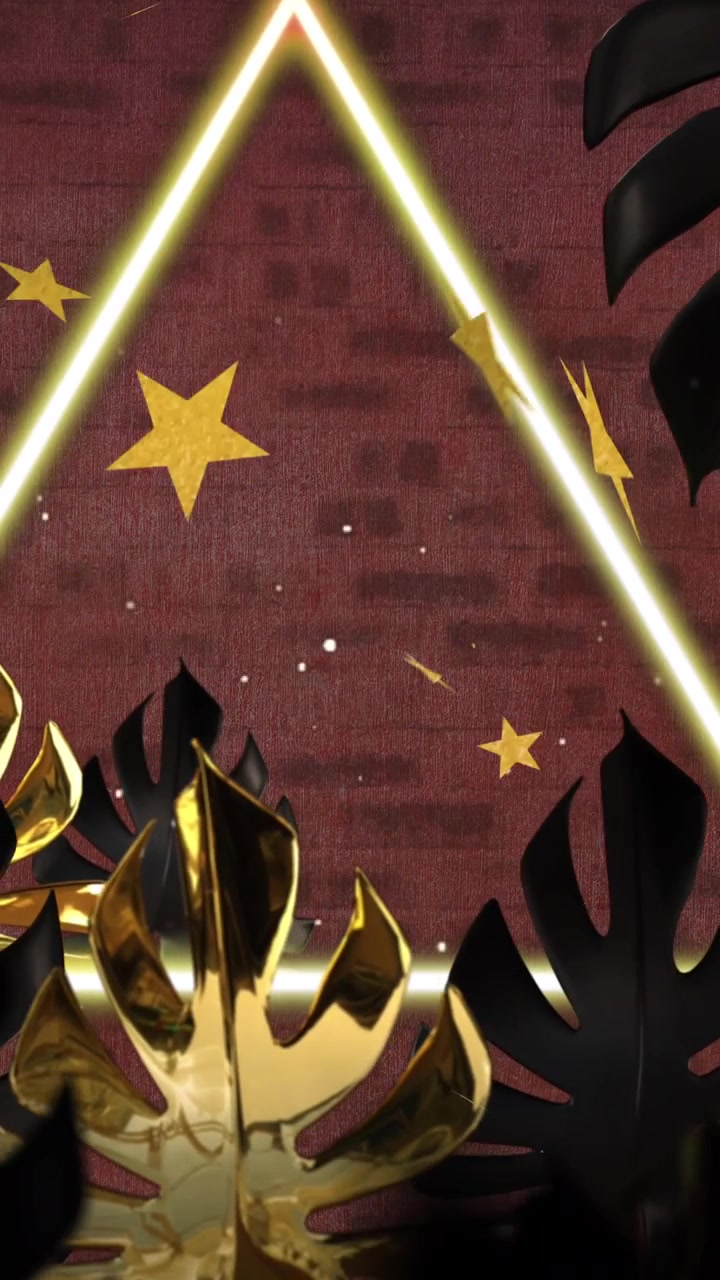 Animazione di stelle e triangolo al neon su foglie su sfondo di mattoni