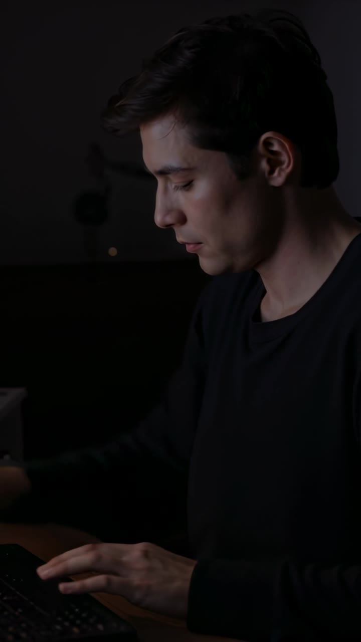Vertical video: Typing man in black pausing to read prompt at home desk, resuming work on keyboard