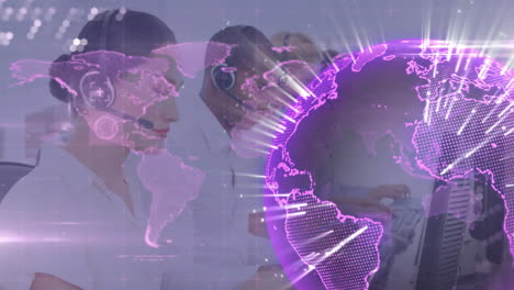 Animation of globe and data processing over diverse business people using phone headsets