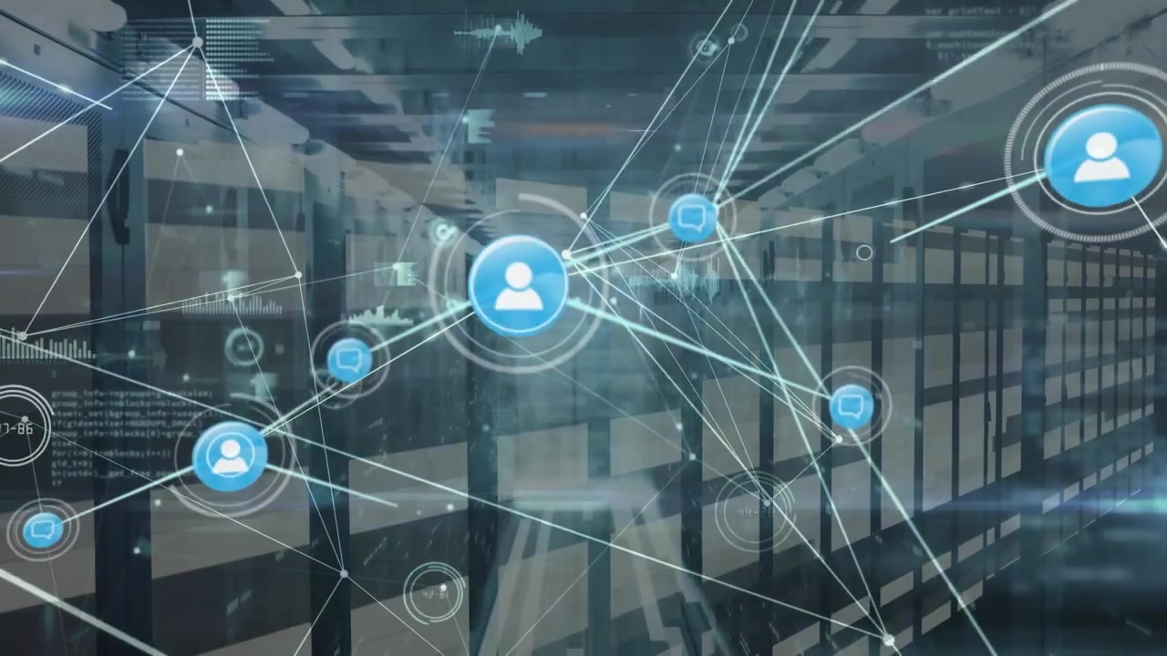 Animation of network of connections with icons and data processing over computer servers