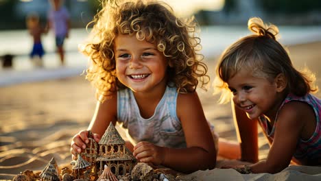 children happily building sandcastles at the beach during sunset