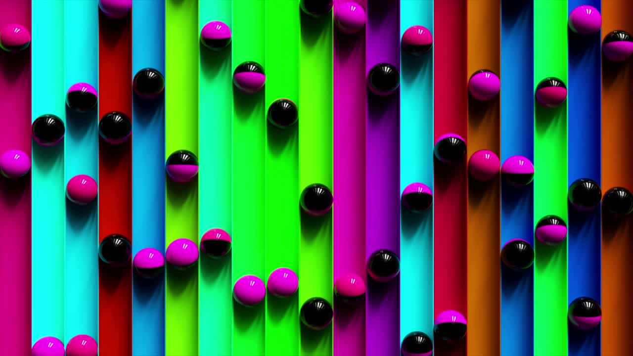 Bright colorful background with rolling balls along the paths. Minimalism and fashion concept. 3d animation of a seamless loop