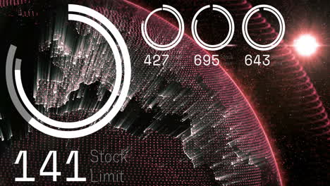 animation of stock market data processing over a globe and bright light spot on black background
