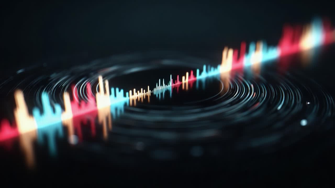 Dynamic Visual Representation of Sound Waves with Colorful Frequency Bars and Circular Patterns in a Dark Background