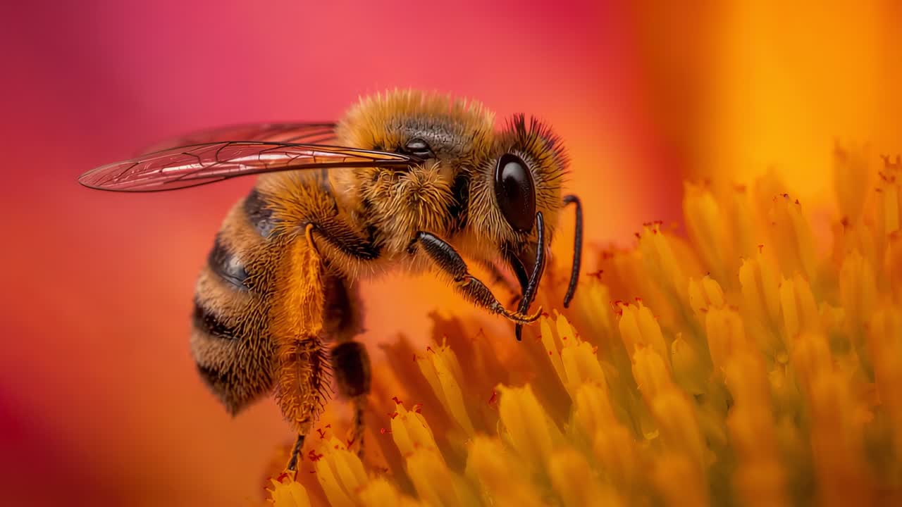 Abeille butineuse attirée par le parfum du nectar, sondant les fleurons sur le disque, étendant sa trompe et récoltant le pollen