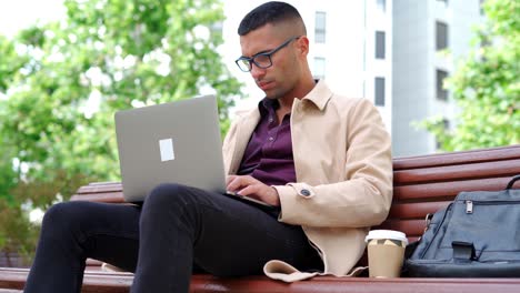 Stylish-man-using-laptop-on-bench