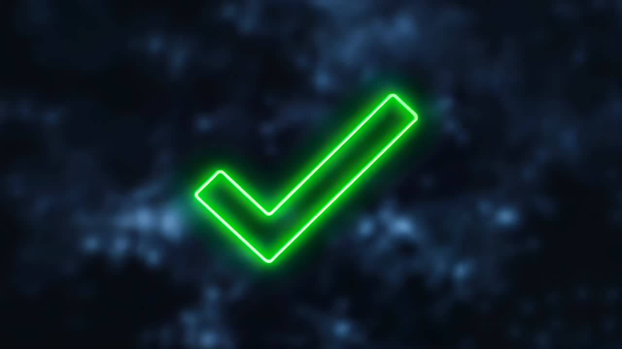 Glowing neon green check mark first appearing, shifting and settling on nebula showing success