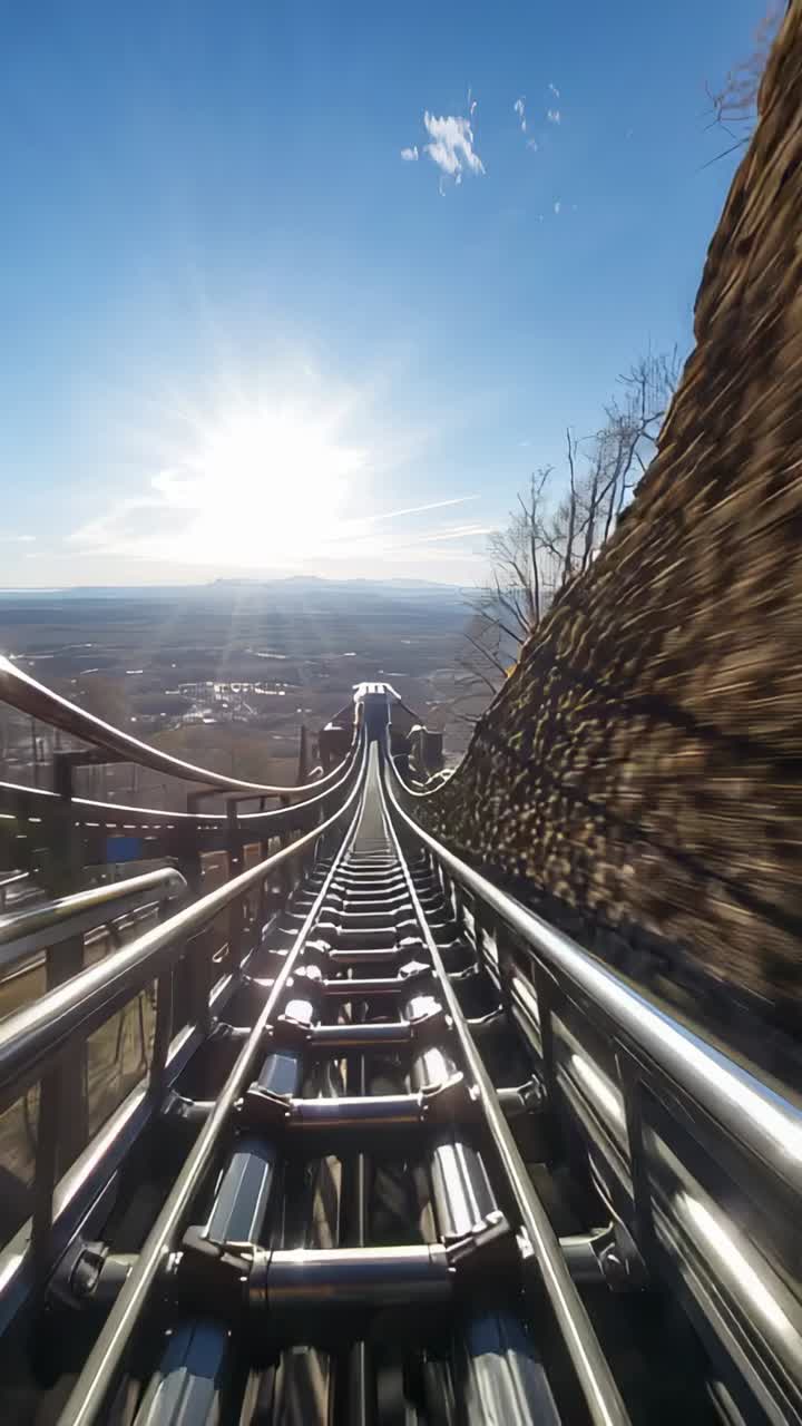 Vertical video: Starting cart rolling down hillside rails, passing left rail and right wall to town
