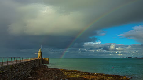 lighthouse overlooking sea with storm clouds and rainbow in background