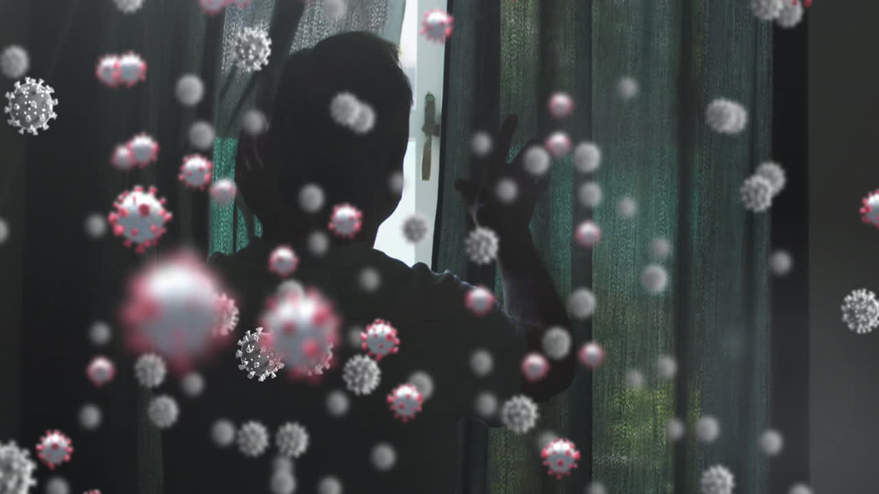 침실에서 고령 백인 남성에 대한 바이러스 세포의 애니메이션