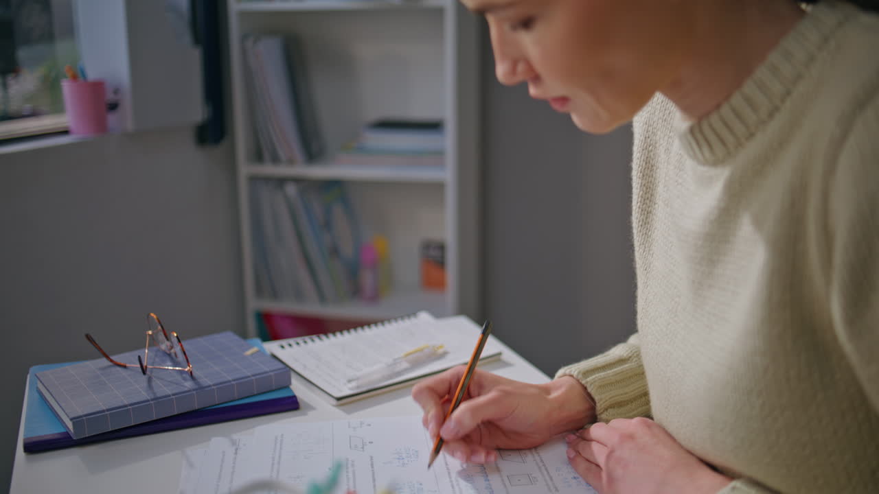 Focused tutor looking window at workplace closeup. Teacher checking homework
